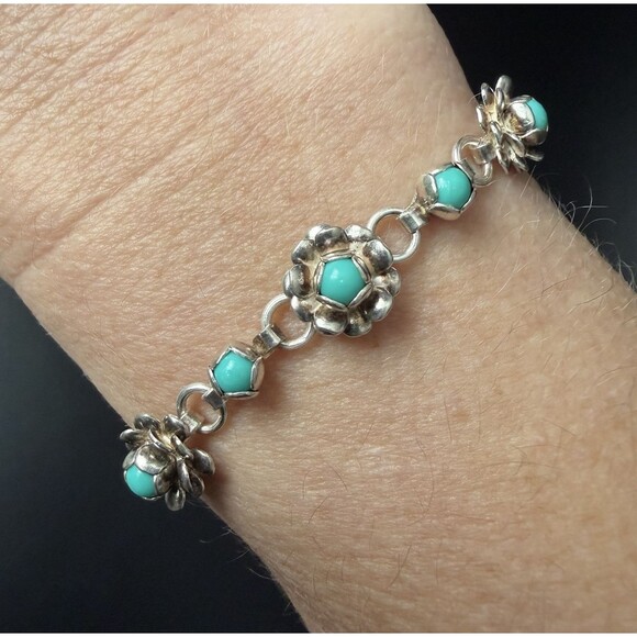 VINTAGE 50s TAXCO MEXICO STERLING SILVER TURQUOISE BLOSSOM FLOWER BRACELET 6.5” - Picture 6 of 16